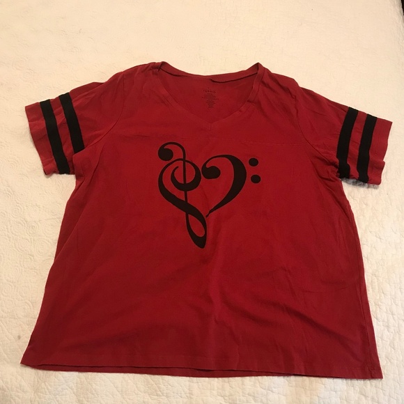 Torrid red short sleeve v-neck t-shirt with music note heart (3X) - Picture 4 of 12